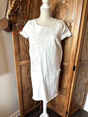 Nanette Lepore embroidered white denim shift dress.